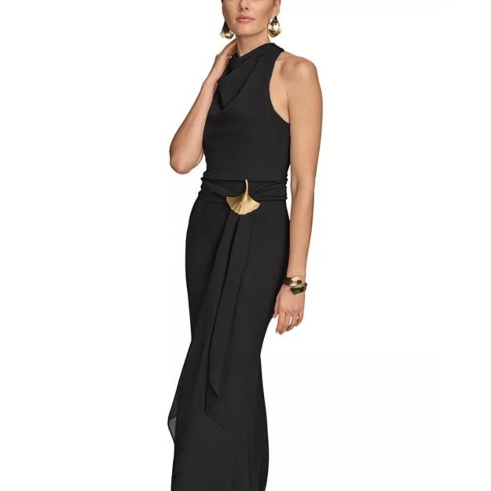Donna Karan New York Black Cowl Neck Gown Gold Ginkgo Leaf Detail Size 6 NWT
